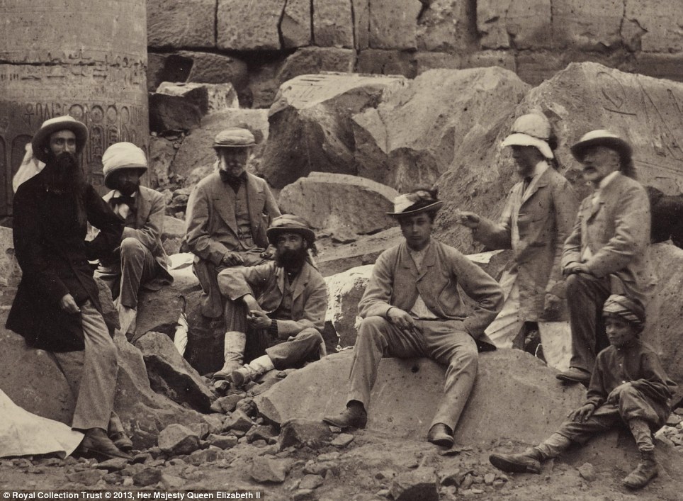 Prince Albert, later King Edward VII, fourth from right, relaxes with his companions at Thebes during the Royal tour of Egypt